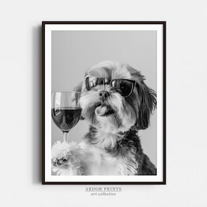 シーズー犬とワインのウォールアート、白黒プリント、シーズー犬のギフト、アルコールプリント、バーカートアート、面白い犬のポスター、キッチンの壁飾り