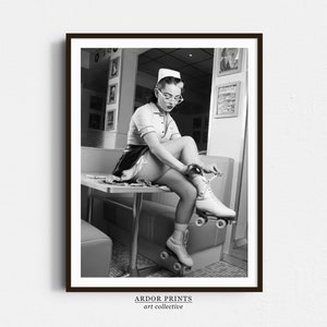 Pinup Roller Girl Wall Art, Retro Woman Fashion, Black and White Print, 1950s Vintage Roller Derby Photo, Retro Roller Skating Wall Decor
