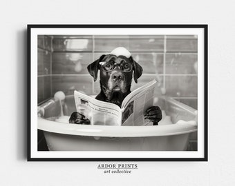 Black Labrador in Bathtub Print: Dog Reading Newspaper Poster, Funny Bathroom Decor - Black & White Wall Art