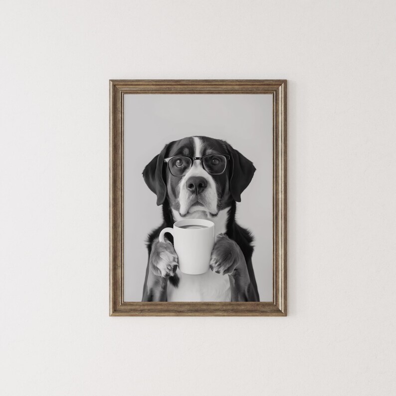 Greater Swiss Mountain Dog and Coffee Wall Art, Black and White Print