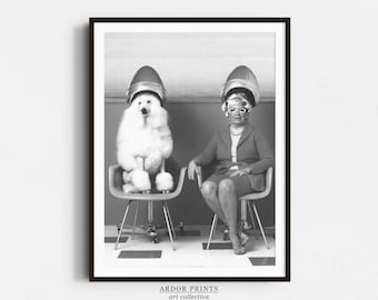 May include: A black and white photograph of a woman and a poodle sitting in salon chairs with hair dryers on their heads. The woman is wearing a dress and the poodle is sitting with its paws crossed.