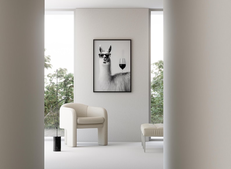 Llama and Red Wine Wall Art, Black and White Print, Llama Poster