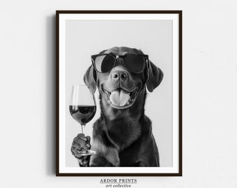 Chocolate Lab and Wine Print: Bar Cart Print, Funny Labrador Dog Poster, Trendy Kitchen Decor - Black & White Wall Art