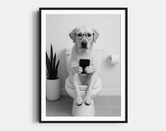 Labrador On Toilet Print: Yellow Lab Poster, Trendy Dog Art, Funny Bathroom Wall Decor - Black & White Wall Art