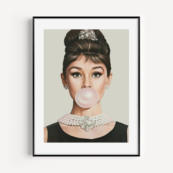 Audrey Hepburn Bubble Gum Portrait, Vintage Woman Fashion Wall Art, Classic Hollywood Artwork, Feminist Print, Retro Poster Wall Decor