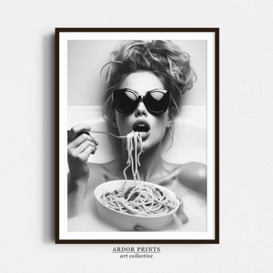 Woman Eating Spaghetti In a Bathtub Wall Art, Woman Wearing Sunglasses Eating Pasta in Bath, Black and White Print, Funny Bathroom Art