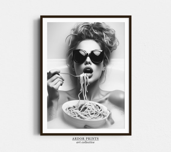 Woman in Bathtub Eating Spaghetti Print: Funny Bathroom Wall Art (Digital Download)