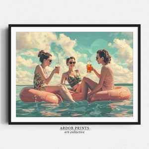May include: Three women wearing sunglasses and swimsuits are floating on a pink inflatable raft in a turquoise ocean. They are each holding a glass of a light orange beverage with a straw. The sky is blue with white clouds.