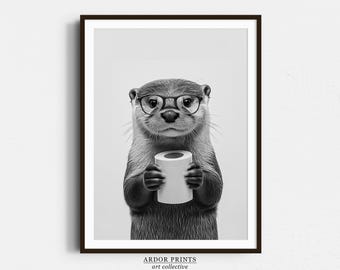 Funny Otter Bathroom Print: Black and White Animal Art (Digital Download)