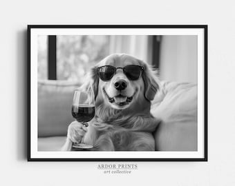 Golden Retriever Holding Wine Print: Black and White Art, Bar Cart Print, Dog Gift, Alcohol Print, Funny Dog Poster - Kitchen Wall Decor