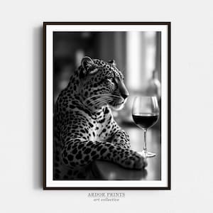 ワインを飲むヒョウのウォールアート、白黒プリント、動物アート、バーカートプリント、チーターポスター、面白いウォールアート、バーの装飾、キッチンの装飾