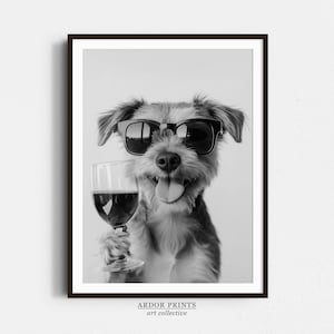 Borderterriër drinken wijn kunst aan de muur, zwart-wit print, barwagen print, huisdier kunst, alcohol print, poster grappige hond, barwagen print, poster grappige hond, thuisbar decor