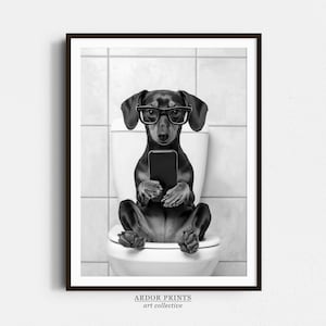 Dachshund on Toilet Print: Funny Dog Bathroom Wall Decor, Wiener Poster - Black & White Wall Art