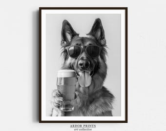 Schäfer dricker ölpint: Rolig hundtryck, hunddekor i barvagn, man cave-poster - svartvit väggkonst