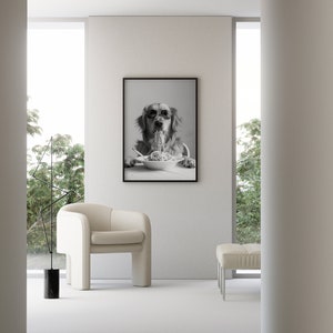 Golden Retriever Eating Pasta Wall Art: Funny Spaghetti Dog Print, Black & White Kitchen Decor, Retro Dog Poster image 3