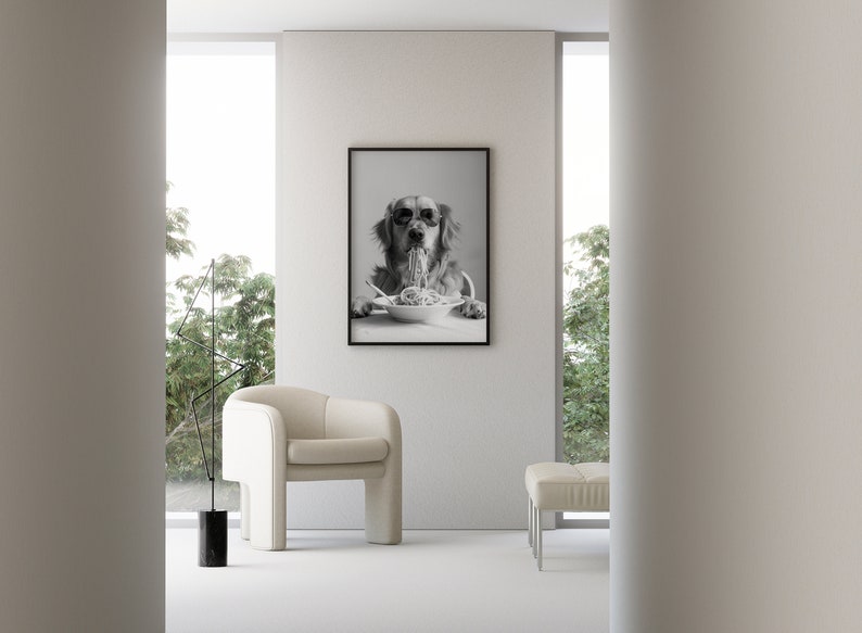 Golden Retriever Eating Pasta Wall Art: Funny Spaghetti Dog Print, Black & White Kitchen Decor, Retro Dog Poster image 3