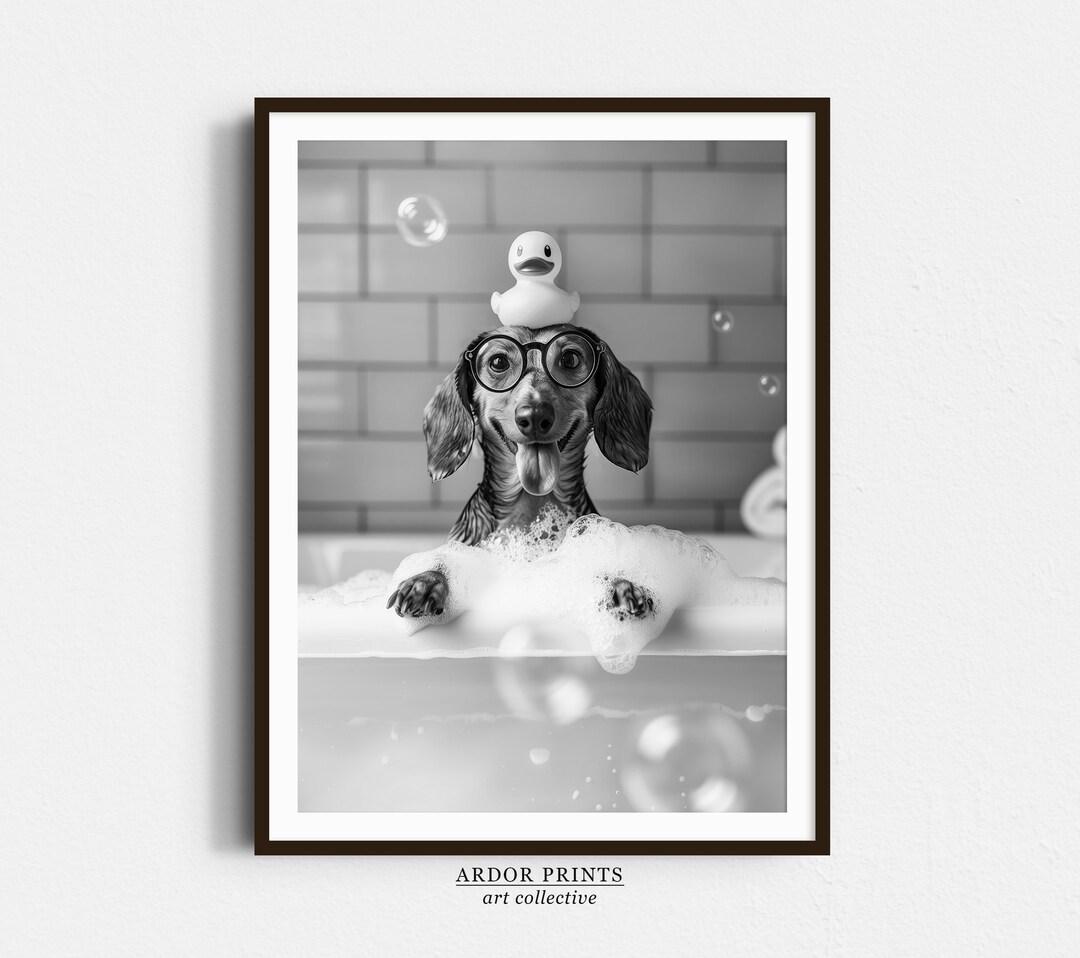 Dachshund Bath Wall Art: Wiener in Bathtub Poster, Funny Dog Art ...