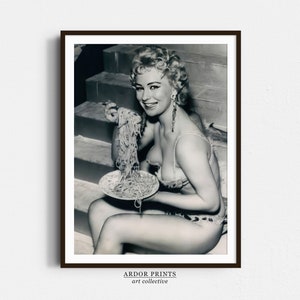 Vintage Woman Eating Spaghetti Print: Retro Black and White Photography (Digital Download)