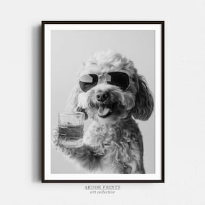Cockapoo Drinking Whiskey Wall Art, Bourbon Glass, Black and White Print, Dog Gift, Funny Dog Poster, Bar Cart Print, Kitchen Wall Decor