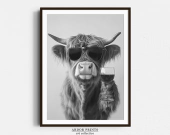 Highland Cow Drinking Wine Print: Funny Animal Art (Digital Download)
