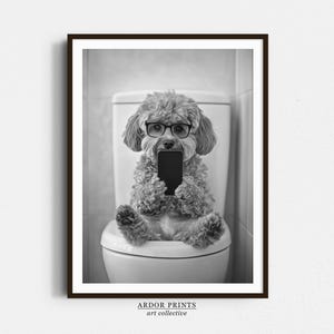 Cockapoo Sitting On Toilet Wall Art, Dog On Phone, Black and White Print, Dog Owner Gift, Trendy Funny Dog Art, Bathroom Wall Decor