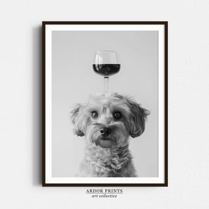 Cavachon Balancing Wine On Head Wall Art, Black and White Print, Wine Glass Art, Alcohol Print, Funny Dog Poster, Kitchen Wall Decor