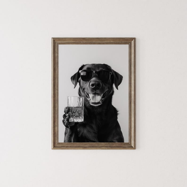 Black Labrador Drinking Whiskey Wall Art, Bourbon Glass, Black and