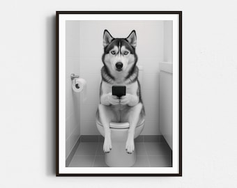 Siberian Husky On Toilet Print: Dog Poster, Trendy Dog Art, Funny Bathroom Wall Decor - Black & White Wall Art