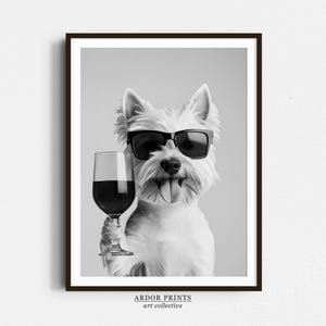 ウエストハイランドテリアとワインのウォールアート、白黒プリント、バーカートプリント、犬の飼い主へのギフト、面白い犬のポスター、バーの装飾、キッチンの装飾