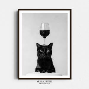 黒猫のバランスワインウォールアート、白黒プリント、猫プリント、猫好きプリント、バーカートプリント、面白い猫のポスター、キッチンの壁装飾