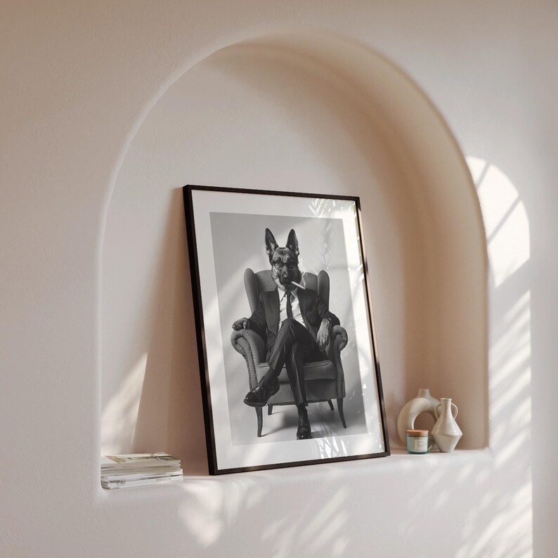 German Shepherd Smoking Wall Art, Black and White Print, German