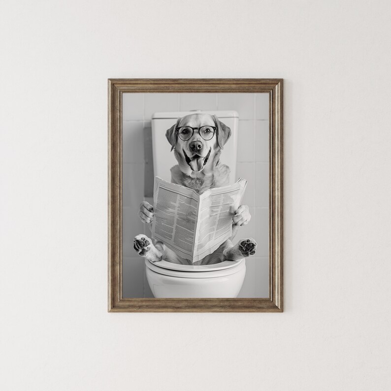 Labrador Sitting on Toilet Wall Art, Dog Reading Newspaper, Black and ...