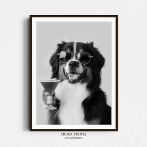 バーニーズ マウンテン ドッグのカクテルを飲むウォール アート、白黒プリント、犬用ギフト、マティーニ アルコール プリント、面白い犬のポスター、バー カートの装飾