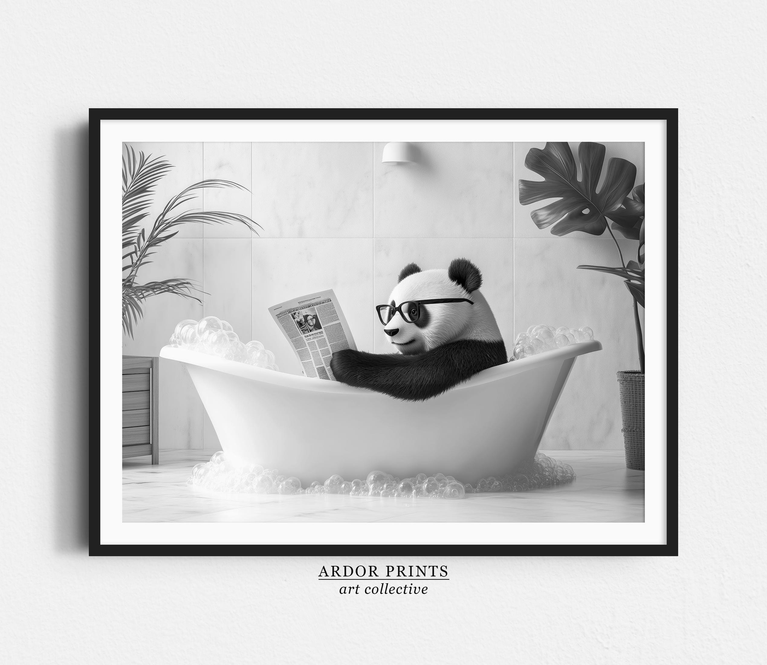 Panda Bear in Bathtub Print: Animal Reading Newspaper Poster, Funny Bathroom Decor - Black & White Wall Art