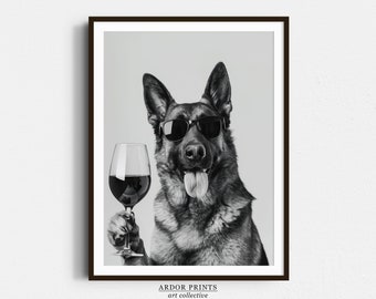 Schäfer som dricker vin - Tryck av barvagn, rolig hundposter, trendig köksinredning - svartvit väggkonst