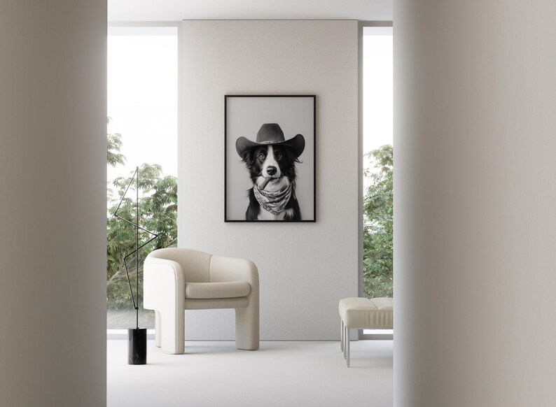 Border Collie Cowboy Wall Art, Western Print, Black and White Print