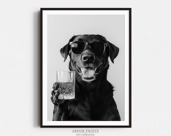 Black Labrador Drinking Whiskey Wall Art, Bourbon Glass, Black and White Print, Funny Dog Poster, Bar Cart Print - Kitchen Wall Decor