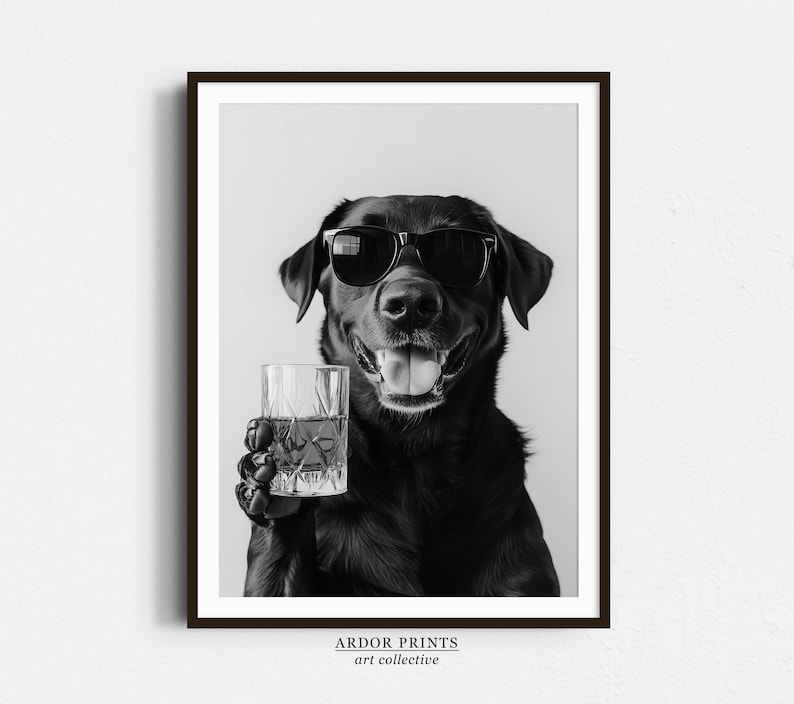 Black Labrador Drinking Whiskey Wall Art, Bourbon Glass, Black and