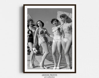 Vintage Swimwear Models Wall Art, 1940s Swimsuit Competition, Women Beach Bikini Fashion, Black and White Print, Retro Wall Decor