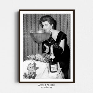Woman With Giant Champagne Glass Wall Art, Black and White Print, Retro Party, Vintage Photo, Funny Wall Art, Retro Fashion, Bar Cart Print