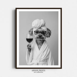 Cavapoo in Bathrobe Holding Wine Print, Black and White Wall Art, Dog Owner Gift, Pet Art, Funny Dog Poster, Bathroom Wall Decor