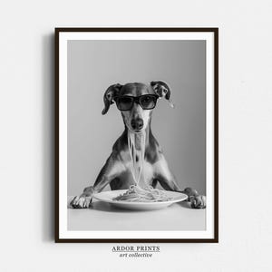 Funny Greyhound Eating Pasta Print: Black and White Dog Art (Digital Download)