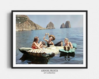 Women Eating Pasta On Water, Eating Spaghetti on Lake Print, Colored Vintage Wall Art, Funny Picnic On Floaties Poster, Ocean Wall Decor