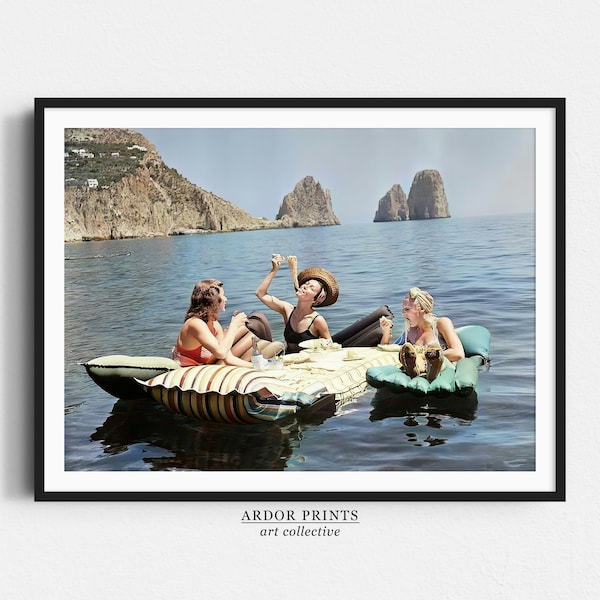 Women Eating Pasta On Water, Eating Spaghetti on Lake Print, Colored Vintage Wall Art, Funny Picnic On Floaties Poster, Ocean Wall Decor