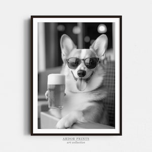 ビールを飲むコーギーの壁アート、白黒プリント、犬用ギフト、ビールアルコールプリント、面白い犬のポスター、バーカートの装飾、キッチンの壁の装飾