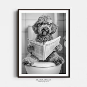Labradoodle Sitting On Toilet Wall Art, Dog Reading Newspaper, Black and White Print, Funny Dog Poster, Bathroom Wall Decor, Retro Decor