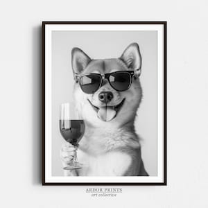 ワインを飲む柴犬のウォールアート、白黒プリント、柴犬のバーカートプリント、犬のギフト、面白い犬のポスター、バーの装飾、キッチンの装飾
