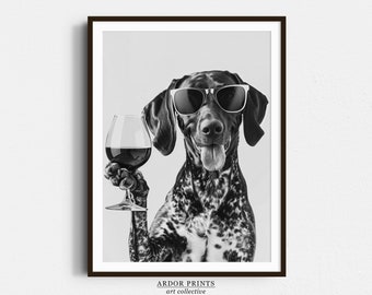 Decorazione murale con vino di cane da caccia tedesco a pelo corto: divertente stampa di cane da caccia tedesco a pelo corto, decorazione per carrello bar, poster di cane in bianco e nero