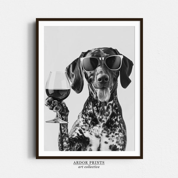 Braco alemán de pelo corto sosteniendo arte de la pared del vino, impresión en blanco y negro, regalo GSP, impresión de alcohol, cartel divertido del perro, decoración de la pared de la cocina