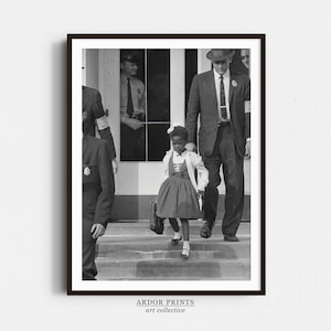 May include: A black and white photograph of a young girl in a dress walking up the steps of a school building, escorted by a man in a suit and hat.  Two men in uniform stand in the background.